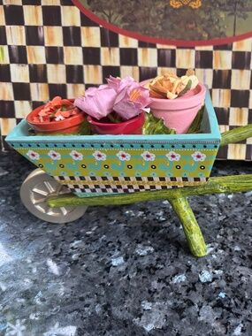 Very Rare Mackenzie Childs Flower  Baskets   Wheelbarrow Cart Resin B & W Check